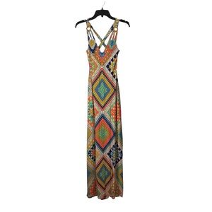 Fashion Nova Summer Times Maxi Dress colorful yellow crochet print NEW sz small